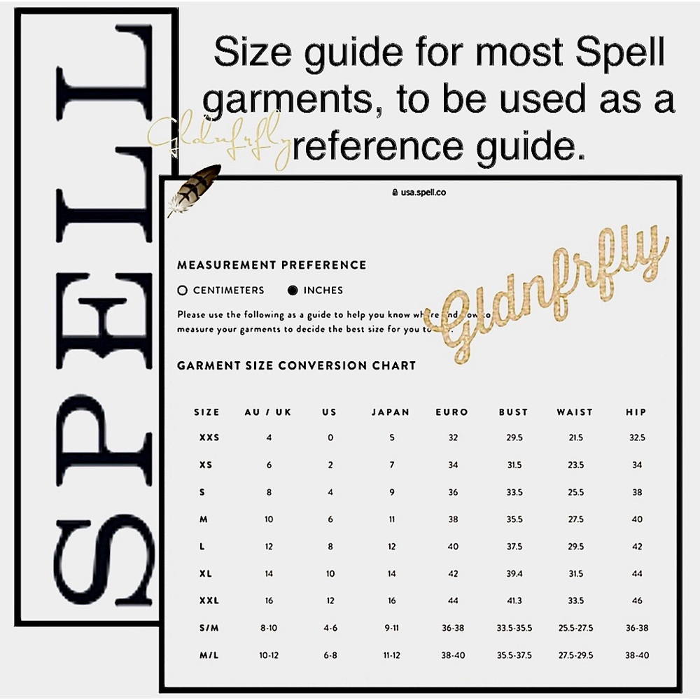 Spell and the Gypsy Size Guide in Inches for Reference use